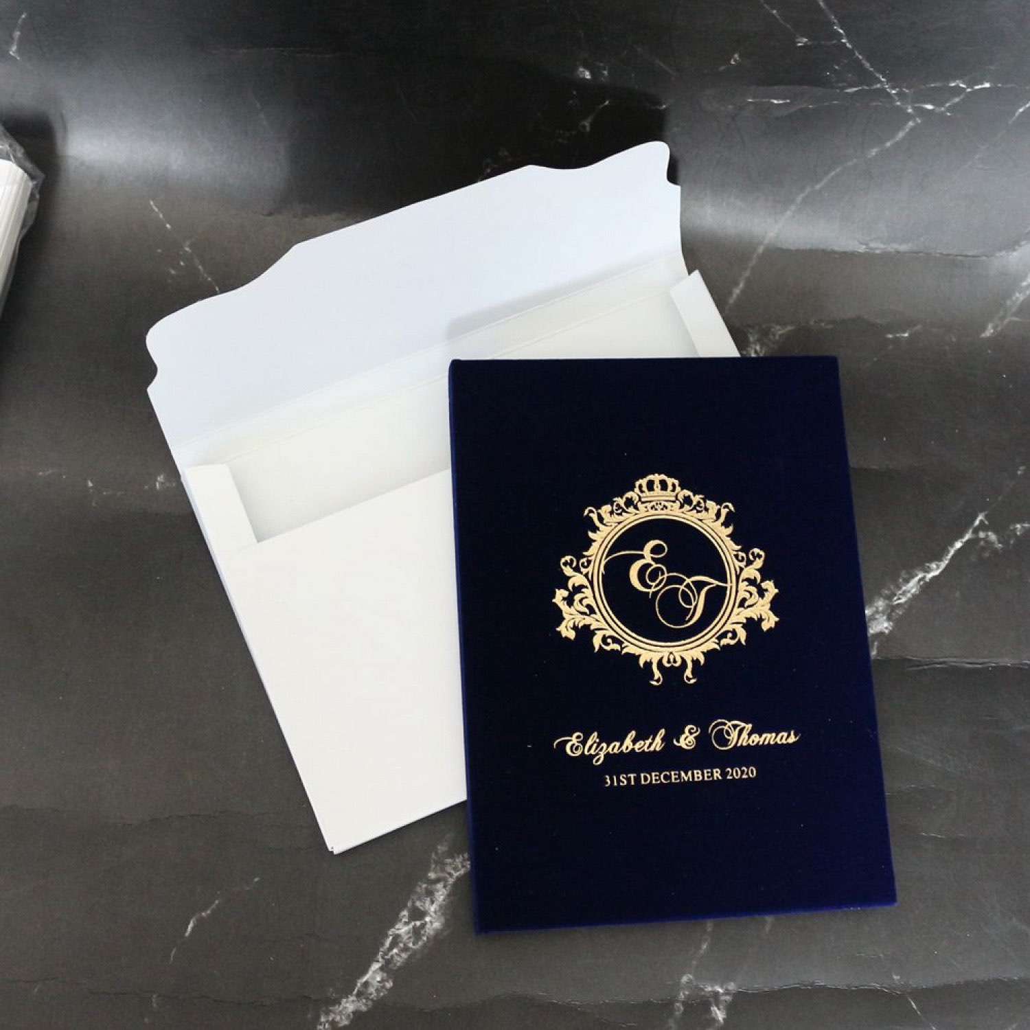 Invitation Card With Dark Blue Velvet Holder Gold Mirror Acrylic